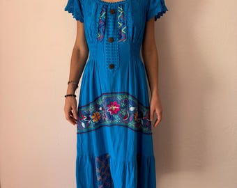 Shipibo Hand Embroidered Icaros Floral Kené Ceremony Dress Blue Cotton Cap Sleeve Size M-L