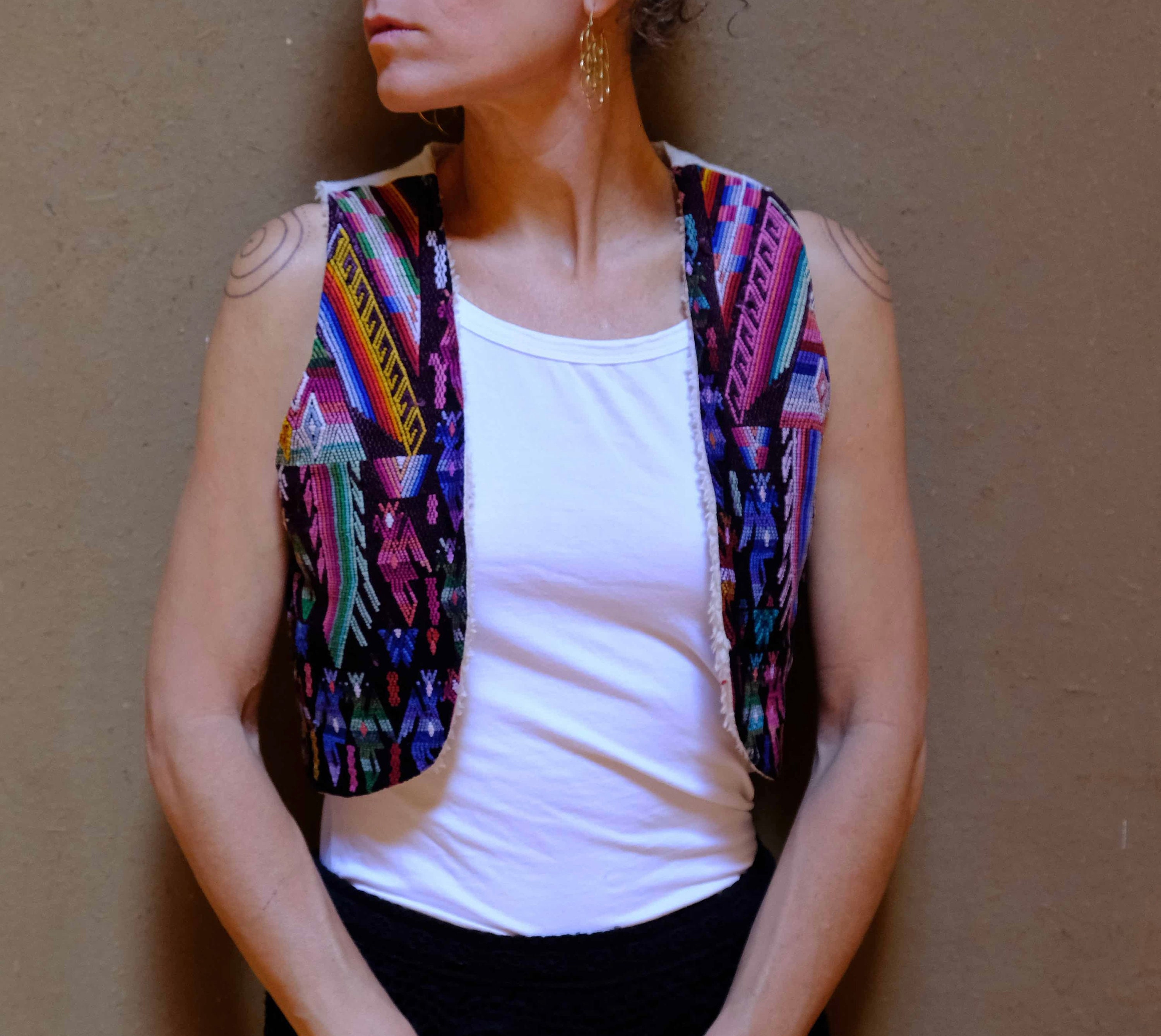 Shrug Vest Faux Fur Lined with Guatemalan Indigenous Design Fabric