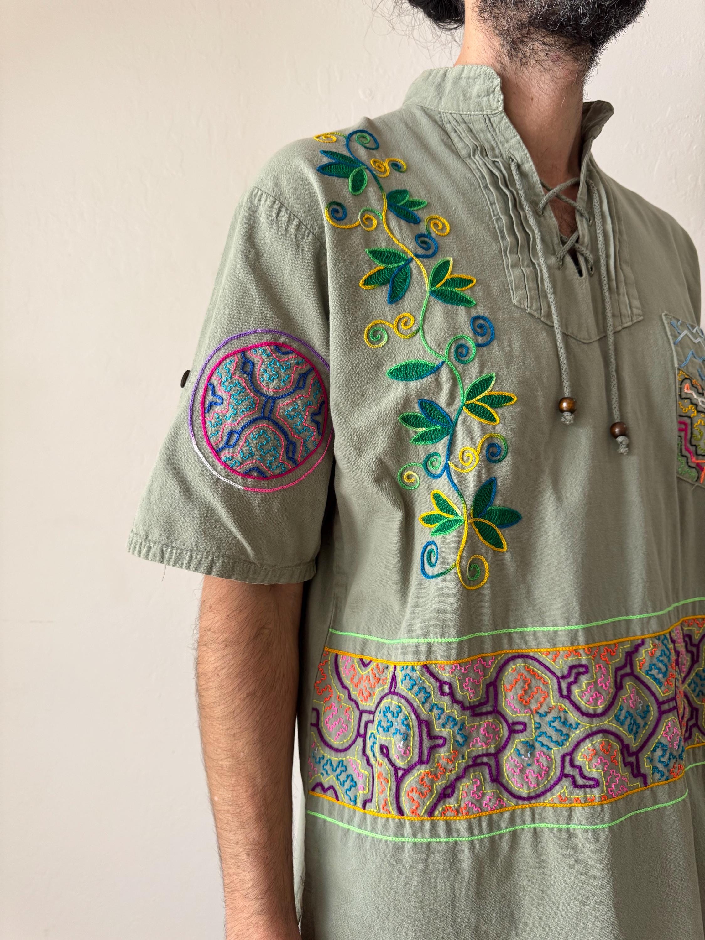 Shipibo Hand Embroidered Shirt: Icaros Kené Art Sage Green Cotton
