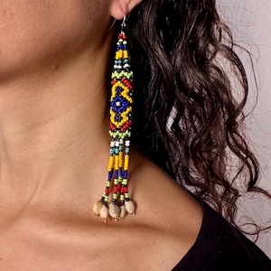 Shipibo Kenè Hollow Cylinder Beaded Earrings Orange Blue Rainbow