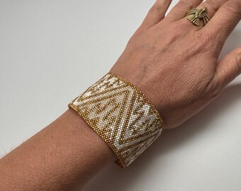 Gold Cream Huichol Micro Seedbeaded Cuff Bracelet