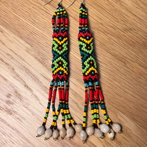 Shipibo Kenè Hollow Cylinder Beaded Earrings Red Green Rainbow