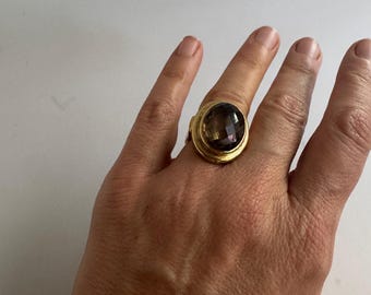 Smokey Topaz Faceted Large Stone Brass Ring Size 6.5