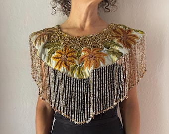 High Priestess Golden Hand Embroidered Ceremony Floral Huipil Double Collar Beaded Necklace