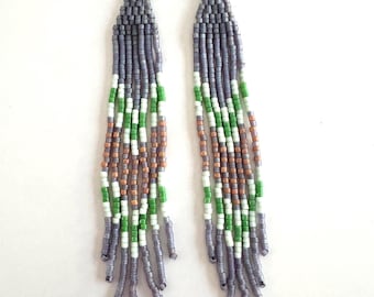 Fringe Feather Periwinkle Rose Micro Beaded Earrings