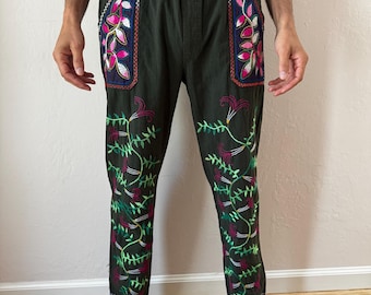 Shipibo Dark Green Cotton Hand Embroidered Icaros Ayahuasca Bobinsana Kené Ceremony Pant Men S
