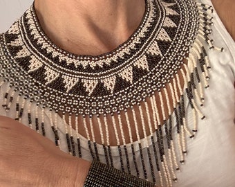 Bronze Cream Goddess Pachamama Fringe Beaded Necklace