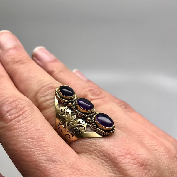 Triple Amethyst Gem Brass Ring