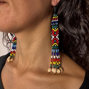 Shipibo Kenè Hollow Cylinder Beaded Earrings Blue Rainbow