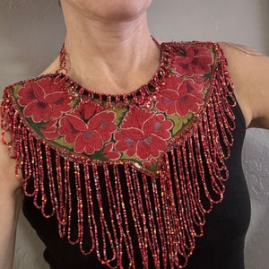 Crimson Sirena Empress Floral Embroidered Ceremony Collar Necklace