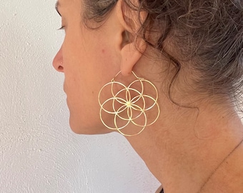 Seed of Life Sacred Geometry Hoop Earrings in Brass