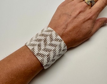 Silver White Chevron Beaded Cuff Bracelet