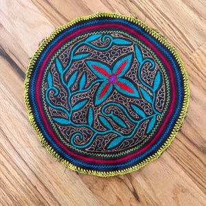 Shipibo Round Tapestry Flower Icaros Hand Embroidered Woven Altar Cloth 13”