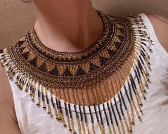 Gold Bronze Goddess Pachamama Fringe Beaded Necklace