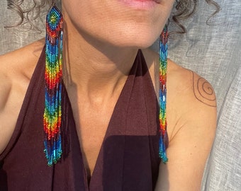Rainbow Warrior Purple Goddess Beaded Long Pair of Earrings