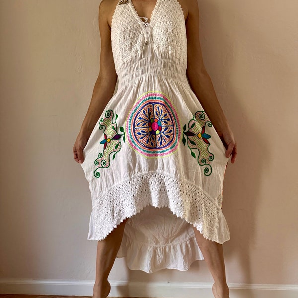 Shipibo White Cotton Hand Embroidered Icaros Ayahuasca Kené Ceremony Halter Dress