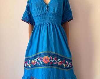 Shipibo Ceremony Blue Cotton 1/2 Sleeve Hand Embroidered Icaros Kené Ceremony Dress