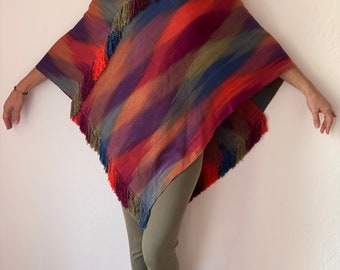 Warm Rainbow Earth Poncho Handwoven Organic Soft Bamboo Natural Plant Dyed