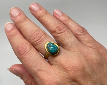 Raw Genuine Turquoise Brass Ring Size 9.5