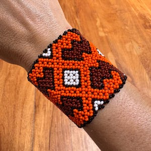 Shipibo Medicine Icaros Beaded Cuff Orange Dark Red Bracelet