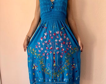 Shipibo Turquoise Blue Cotton Hand Embroidered Noya Rao Icaros Kené Ceremony Halter Dress
