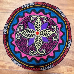 Shipibo Round Tapestry Flower Icaros Hand Embroidered Woven Altar Cloth 13”