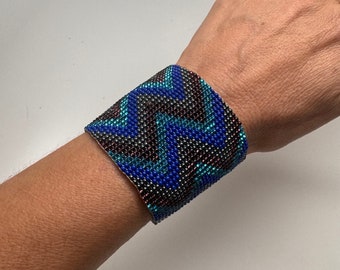 Blue Purple Earth Zigzag Beaded Cuff Bracelet