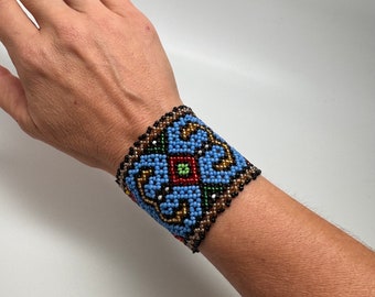 Shipibo Medicine Beaded Cuff Blue and Gold Bracelet