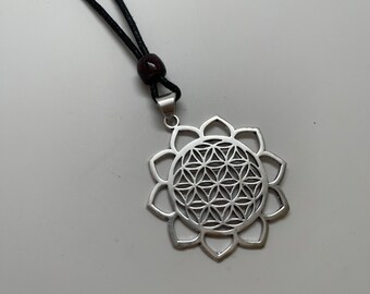 Flower of Life Lotus Pendant Necklace on 25" adjustable cotton cord
