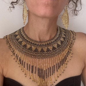 Gold Bronze Mayan Goddess Pachamama Fringe Beaded Necklace