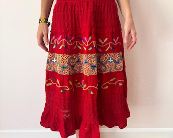 Shipibo Red Cotton Skirt Hand Embroidered Icaros of PiriPiri Bobinsana Kené Ceremony One Size
