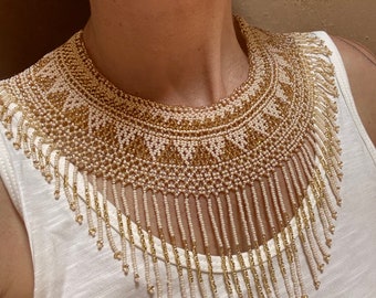 Gold Cream Goddess Pachamama Fringe Beaded Necklace