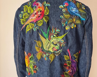 Hand Embroderied Birds Upcycled Demin Jacket M