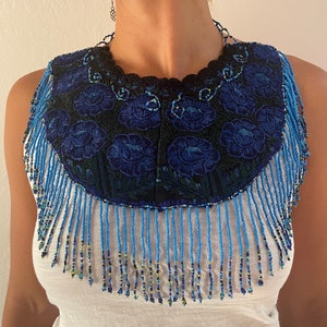 Royal Blue Goddess Floral Embroidered Ceremony Collar Necklace