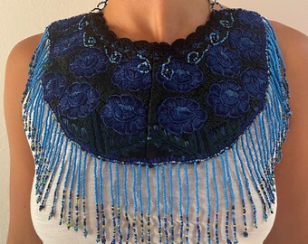 Royal Blue Goddess Floral Embroidered Ceremony Collar Necklace