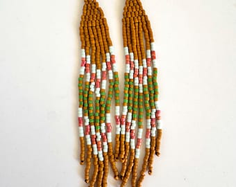 Fringe Feather Ochre Earth Micro Beaded Earrings