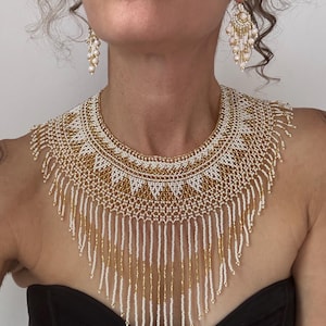 Gold Cream Goddess Pachamama Fringe Beaded Necklace