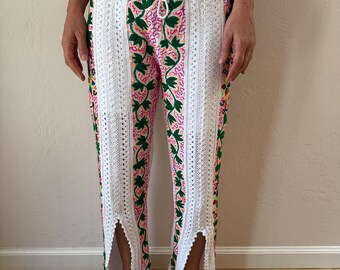 Shipibo White Cotton Hand Embroidered Chacruna Kené Ceremony Pant Women One Size