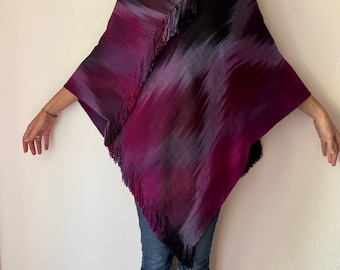 Warm Magenta Black Poncho Handwoven Organic Soft Bamboo Natural Plant Dyed