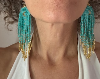 Starry Moon Turquoise Gold Priestess Beaded Earrings
