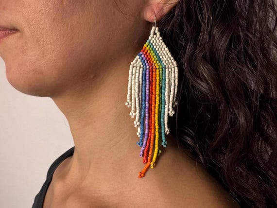 Empress White Rainbow Ceramic Matte Beaded Earrings 925 Sterling Hooks