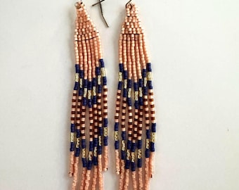 Fringe Feather Peach Rose Micro Beaded Earrings