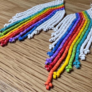 May include: A pair of rainbow-coloured beaded earrings with white beads. The earrings are long and dangle, with the beads arranged in a rainbow pattern.