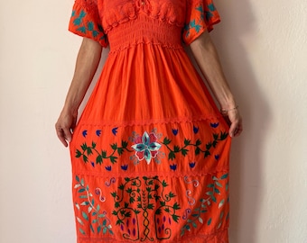 Shipibo Bright Coral Cotton Hand Embroidered Icaro Noya Rao Kené Ceremony Summer Sleeve Dress