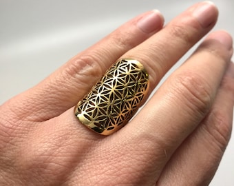 Flower of Life Sacred Geometry Band Ring in Brass Size 5.75