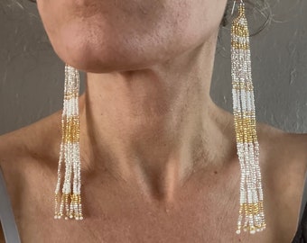 White Gold Goddess Beaded Long Earrings