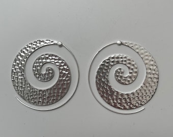 Flattened Hammered Spiral Hoop Earrings