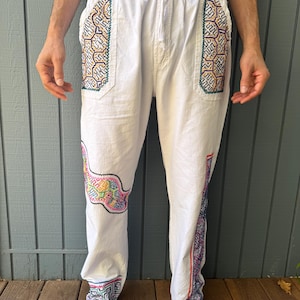 Shipibo White Cotton Hand Embroidered Ayahuasca Icaros Kené Ceremony Pant Men L