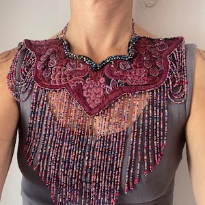 Midnight Burgundy Empress Floral Embroidered Ceremony Collar Necklace