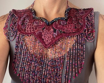 Midnight Burgundy Empress Floral Embroidered Ceremony Collar Necklace